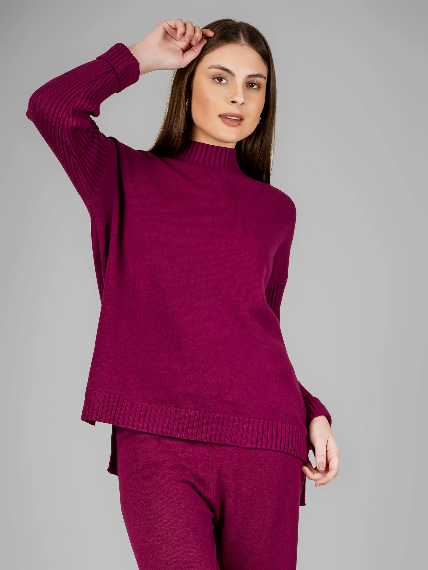 Plum Luxe High-Neck Knit Co-ord Set