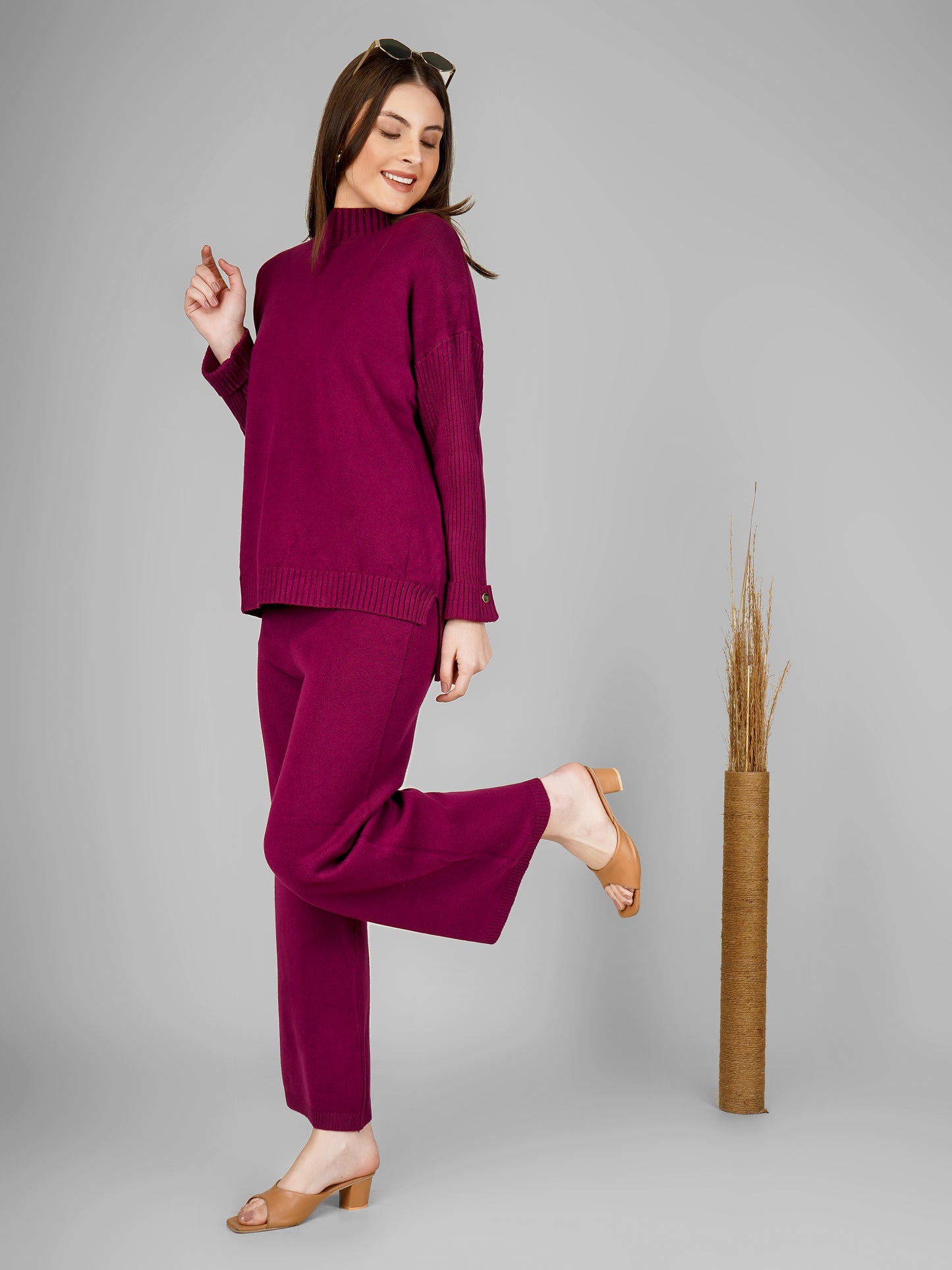 Plum Luxe High-Neck Knit Co-ord Set