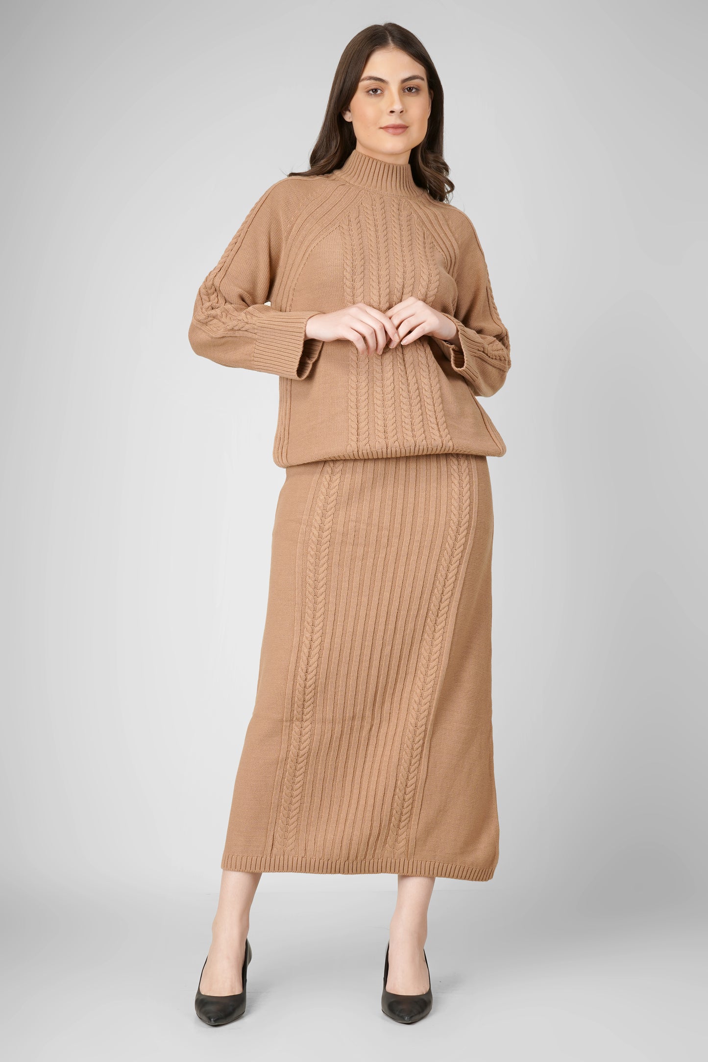 Caramel Knit Elegance Woollen Skirt Co-ord Set