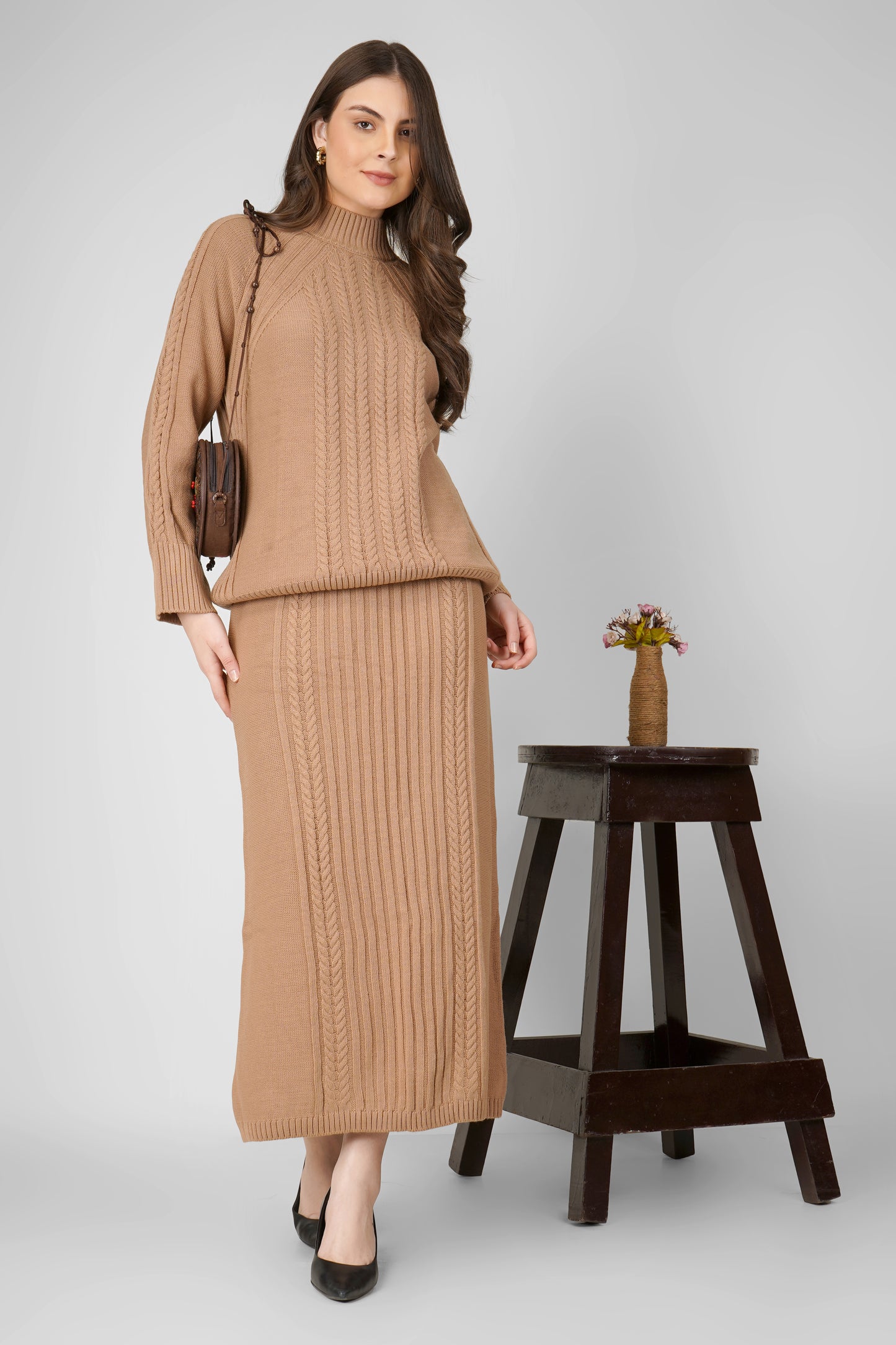 Caramel Knit Elegance Woollen Skirt Co-ord Set