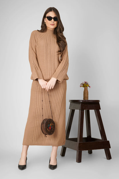 Caramel Knit Elegance Woollen Skirt Co-ord Set