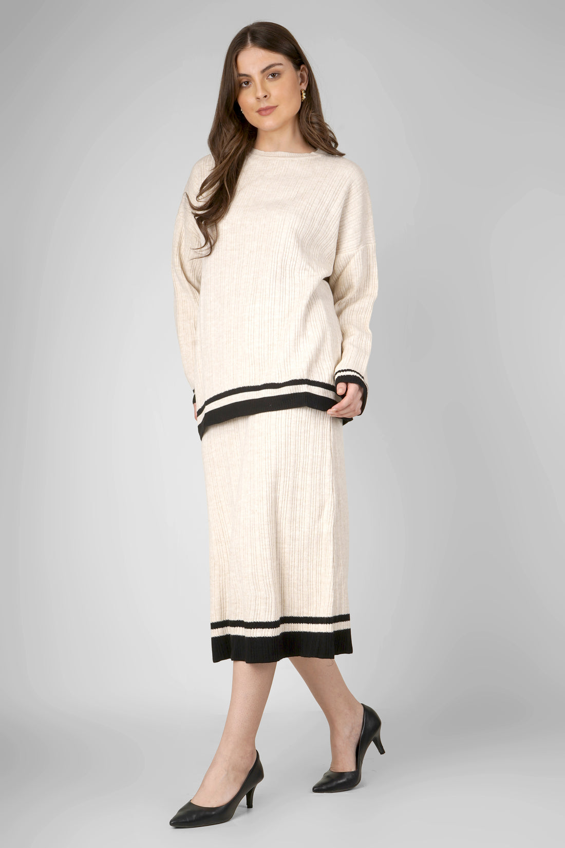 Cream Noir Ribbed Woollen Skirt Co-ord Set