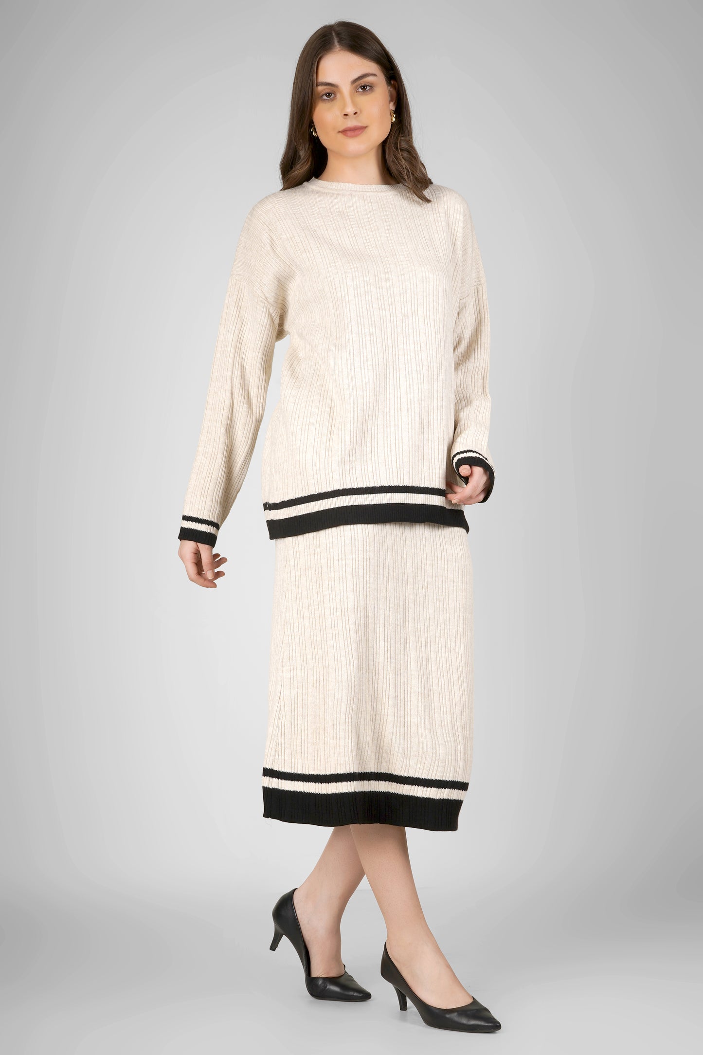 Cream Noir Ribbed Woollen Skirt Co-ord Set
