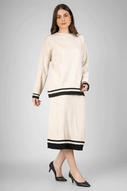Cream Noir Ribbed Woollen Skirt Co-ord Set