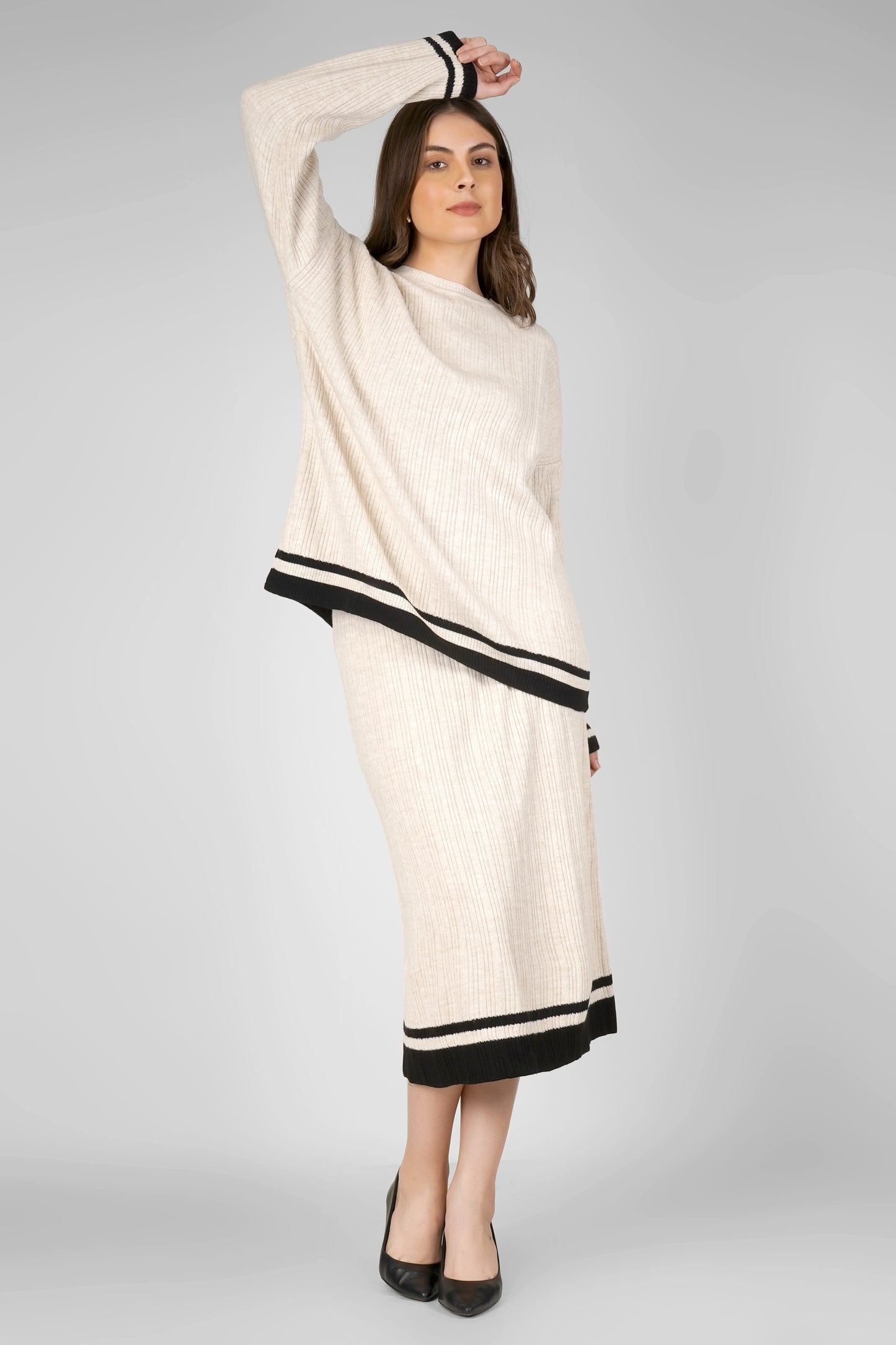 Cream Noir Ribbed Woollen Skirt Co-ord Set