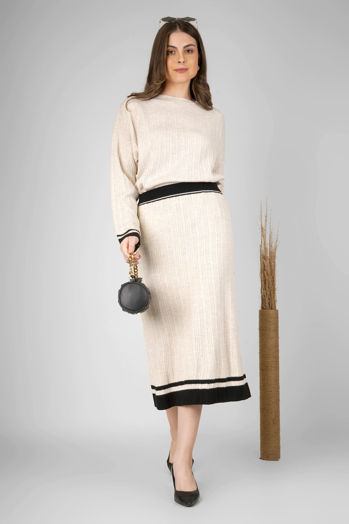 Cream Noir Ribbed Woollen Skirt Co-ord Set