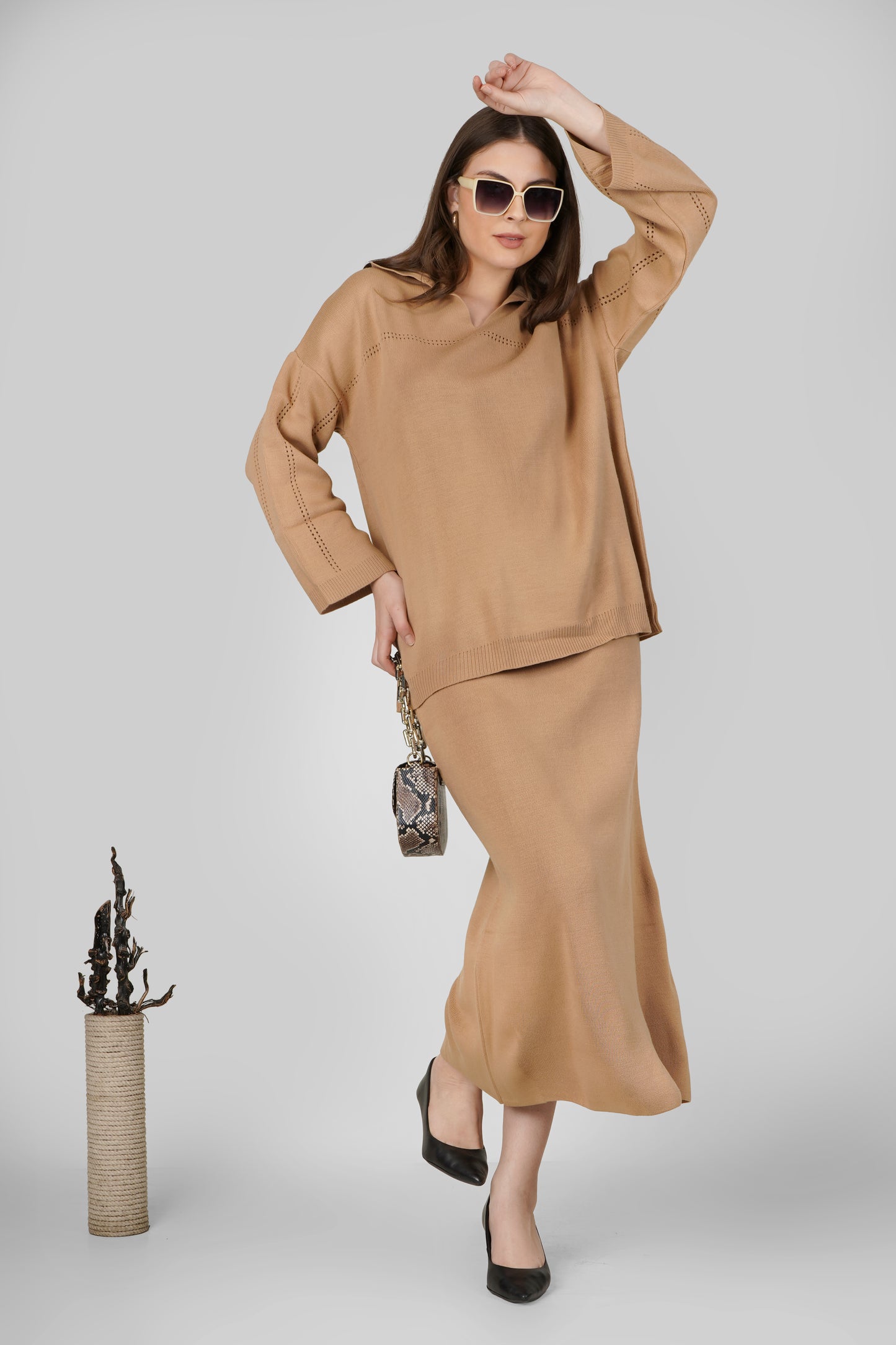 Sandstone Knit Woollen Skirt Co-ord Set