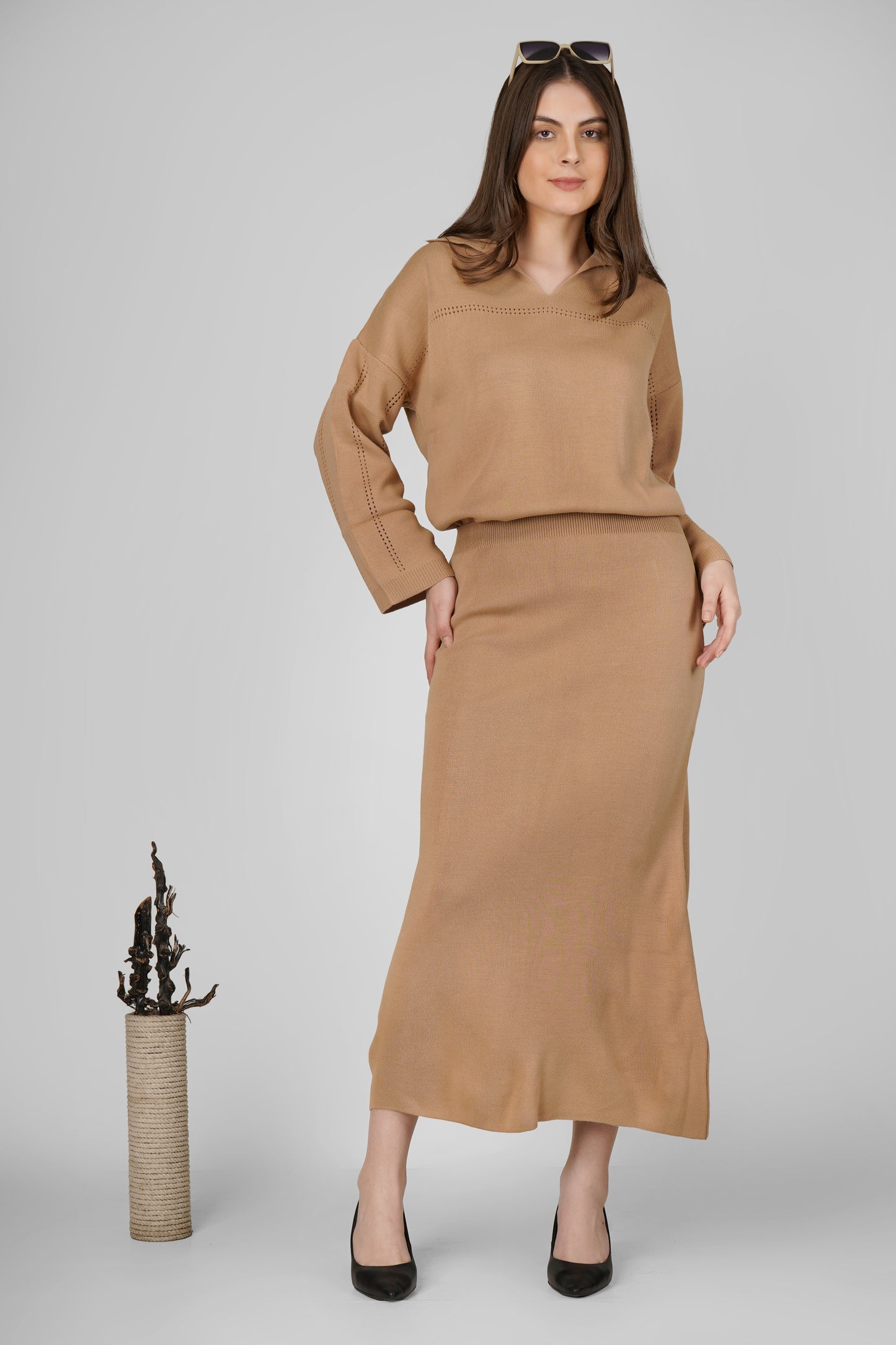 Sandstone Knit Woollen Skirt Co-ord Set