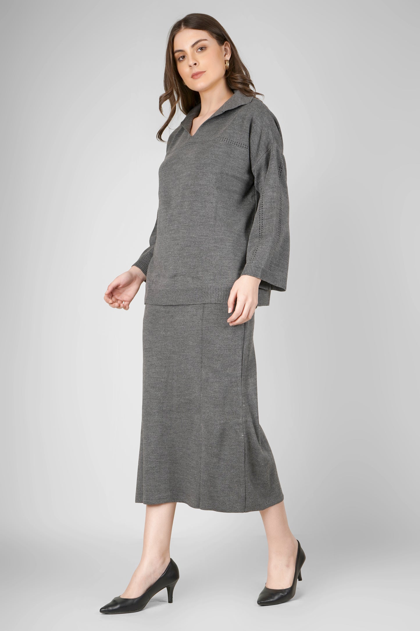 Granite Knit Woollen Skirt Co-ord Set
