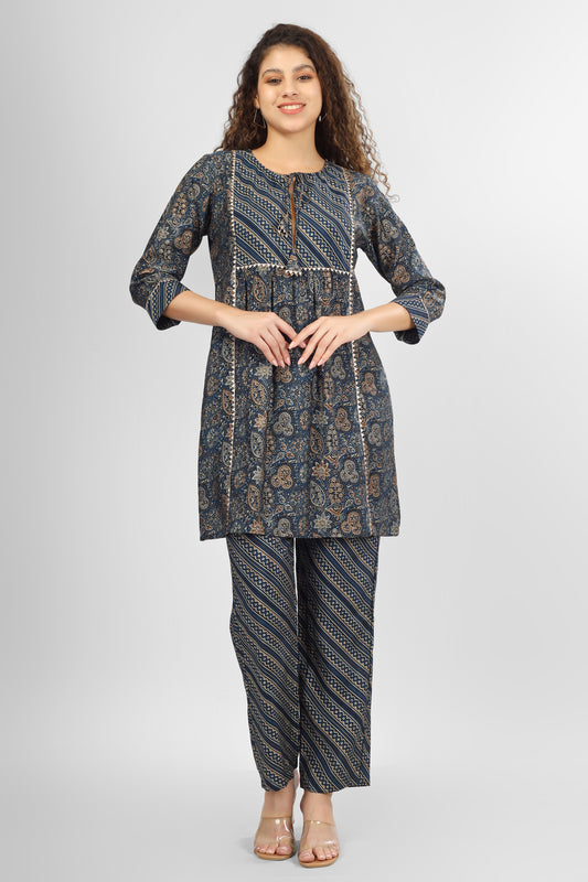 Navy Ajrakh Chanderi Coord Set