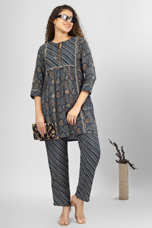 Navy Ajrakh Chanderi Coord Set