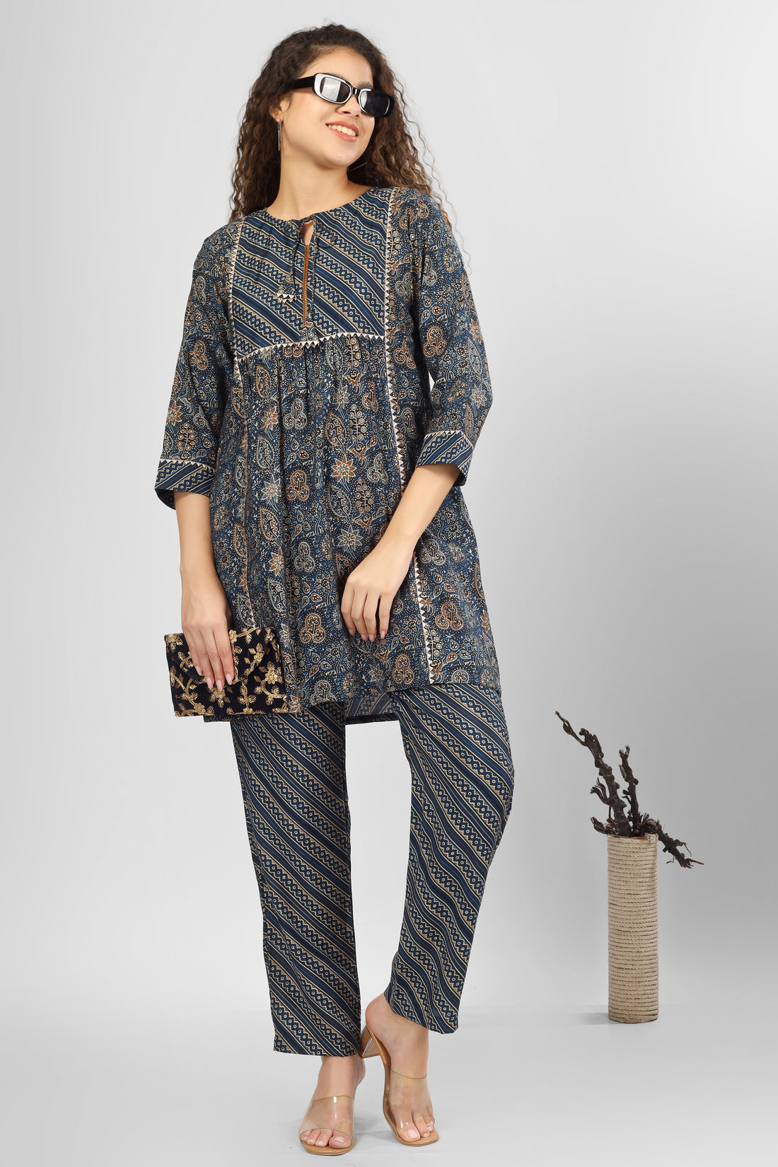 Navy Ajrakh Chanderi Coord Set