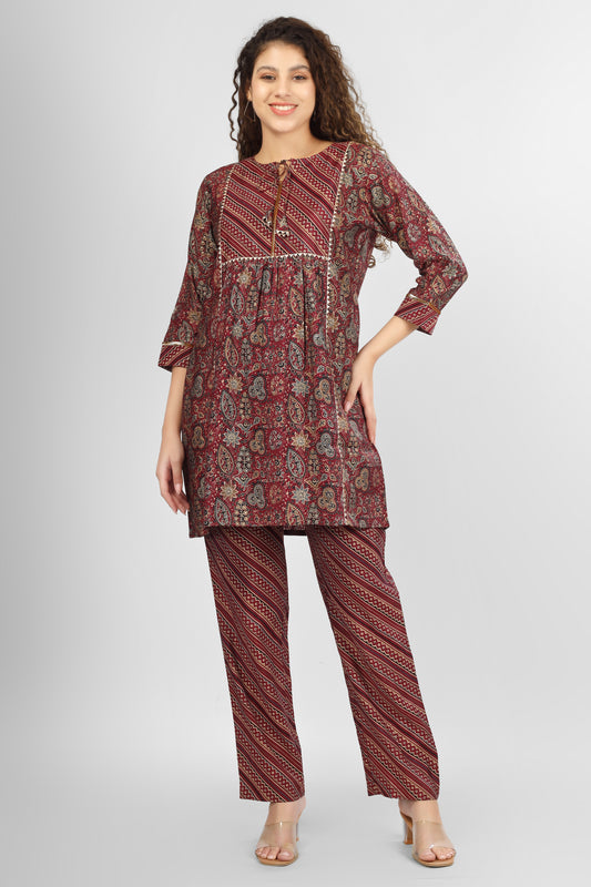 Maroon Ajrakh Chanderi Coord Set