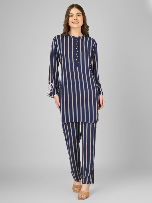 Navy Stripes Rayon Coord Set
